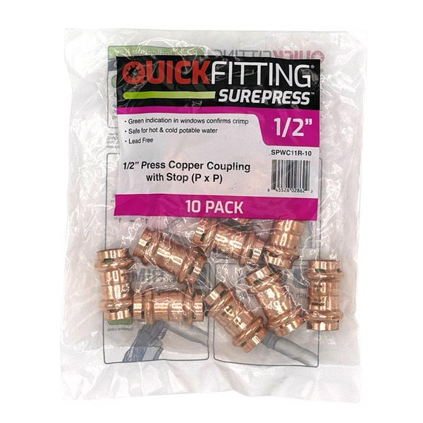 QuickFitting SurePress 1/2" Copper Press Coupling with Stop (P x P), Plumbing Fitting Compatible with Type K, L, M Copper Tubing, No Flame Installation, 10 Pack SPWC11R-10