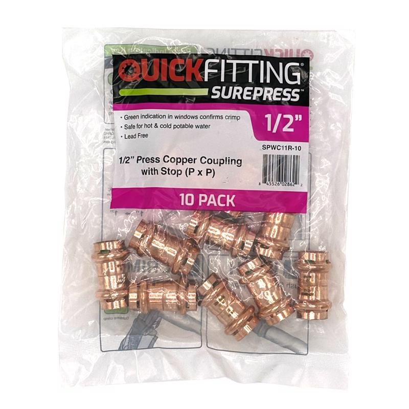 QuickFitting SurePress 1/2" Copper Press Coupling with Stop (P x P), Plumbing Fitting Compatible with Type K, L, M Copper Tubing, No Flame Installation, 10 Pack