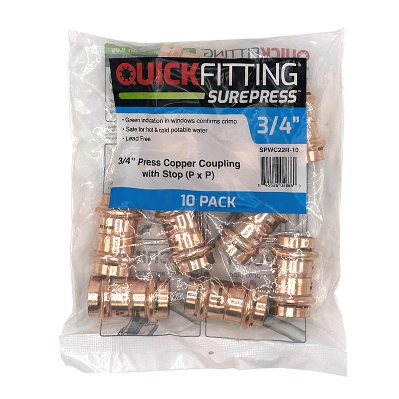 QuickFitting SurePress 3/4" Copper Press Coupling with Stop (P x P), Plumbing Fitting Compatible with Type K, L, M Copper Tubing, No Flame Installation, 10 Pack