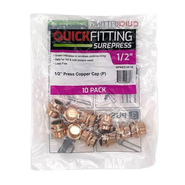 QuickFitting SurePress 1/2" Copper Press Cap (P), Plumbing Fitting, Compatible with Type K L M Copper Tubing, No Flame Installation, 10 Pack SPWEC1R-10