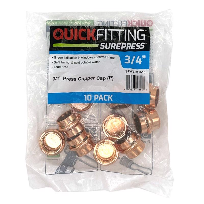 QuickFitting SurePress 3/4" Copper Press Cap (P), Plumbing Fitting, Compatible with Type K L M Copper Tubing, No Flame Installation, 10 Pack