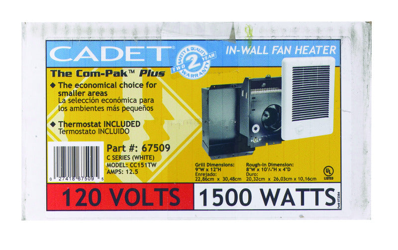 Cadet Com-Pak Electric Wall Heater Complete Unit with Thermostat (Model: CSC151TW, Part: 67509), 5120 BTU, 120 Volt, 1500 Watt, White
