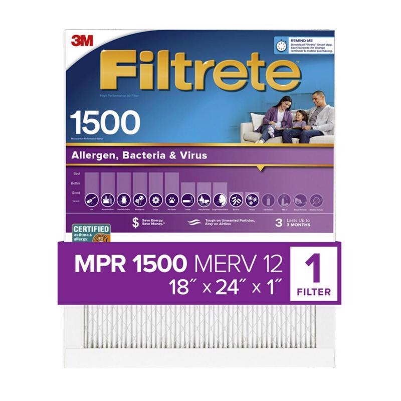 Filtrete 18x24x1 AC Furnace Air Filter, MERV 12, MPR 1500, CERTIFIED asthma & allergy friendly, 3 Month Pleated 1-Inch Electrostatic Air Cleaning Filter, 6-Pack (Actual Size 17.81x23.81x0.78 in)