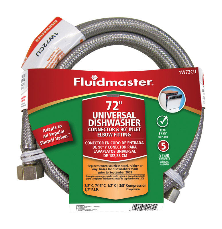 Fluidmaster 1W72CU Dishwasher Connector With 3/8-Inch Elbow Fitting And Size Adaptors, Braided Stainlsess Steel - 3/8 Compression, 7/16 Compression, 1/2 Compression, or 1/2 F.I.P. Thread x 3/8 Compression Thread, 72-Inch Length
