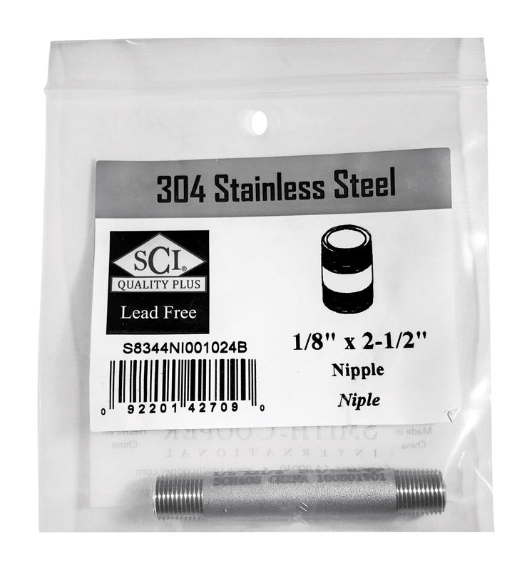 Smith-Cooper 1/8 in. Dia. x 1/8 in. Dia. x 2-1/2 in. L Schedule 40 MPT To MPT Stainless Steel Pi (S8344NI001024B)