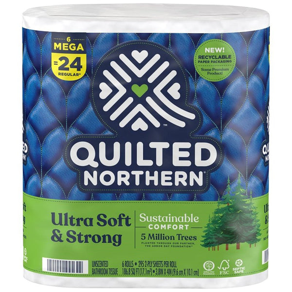 Quilted Northern Ultra Soft and Strong Earth-Friendly Toilet Paper, 6 Mega Rolls = 24 Regular Rolls, 328 2-Ply Sheets Per Roll (Packaging May Vary) 94429