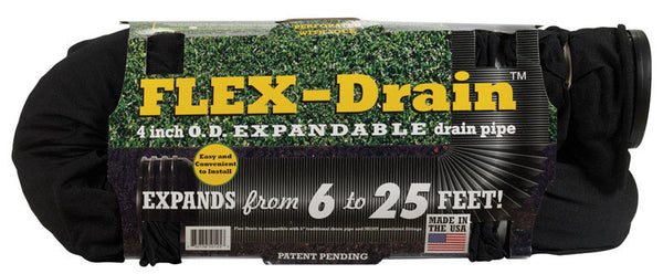 Flex-Drain 51510 Flexible/Expandable Landscaping Drain Pipe, Perforated with Filter Sock, 4-Inch by 25-Feet