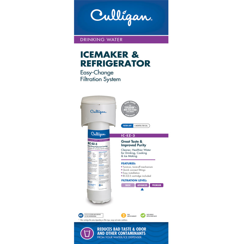 Culligan IC 3 EZ-Change Inline Icemaker and Refrigerator Filtration System with Filter, 500 Gallon , White