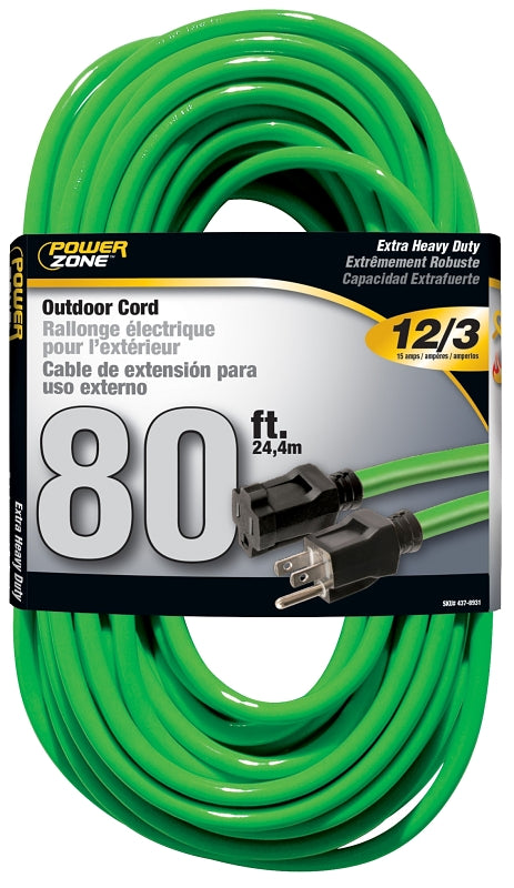 Cord Extension Outdoor 12/3x80ft Neon Green