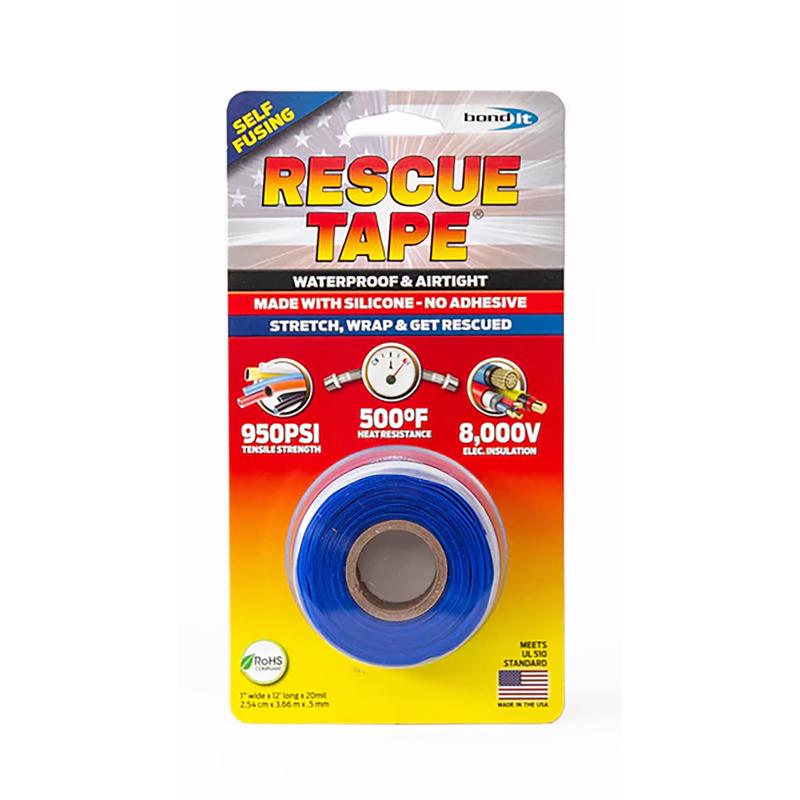 Rescue Tape | Self-Fusing Silicone Tape | Emergency Pipe & Plumbing Repair | DIY Repairs | Seal Radiator Hose Leaks | Wrap Electrical Wires | Used by US Military | 1” X 12’ | Silicone Rubber | Blue