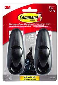 Command 5 lb Large Oil Rubbed Bronze Metal Hooks, 2 Hooks and 4 Command Strips, Damage Free Coat Hooks with Adhesive Strips, Forever Classic Hooks for Christmas Decorations