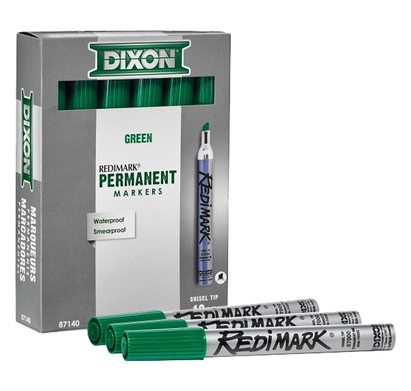 DIXON Industrial RediMark Permanent Markers, Chisel Point, Metal Barrel, Box of 12 Markers, Green (87140)