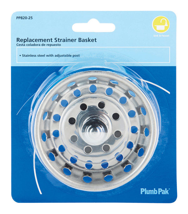 Plumb Pak PP820-25 PlumPak Replacement Sink Basket Strainer With Adjustable Post, Stainless Steel, 1-3/4", White