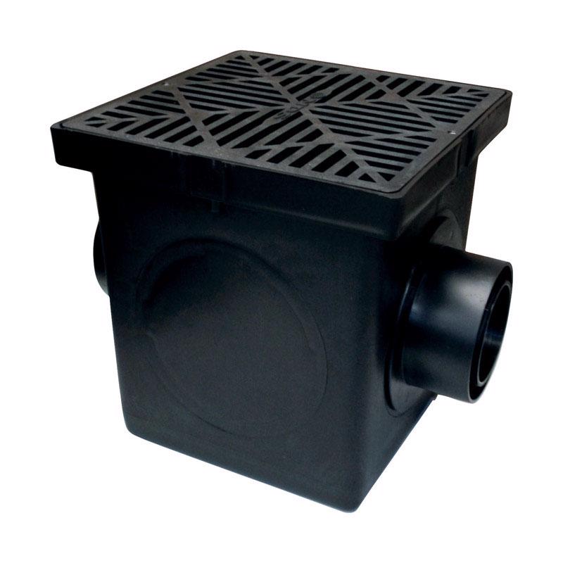 NDS Square Catch Basin Drain Kit with 2-Opening Catch Basin, Black Plastic Grate, 2 Outlet Adapters, & 1 Outlet Plug, 12 in.