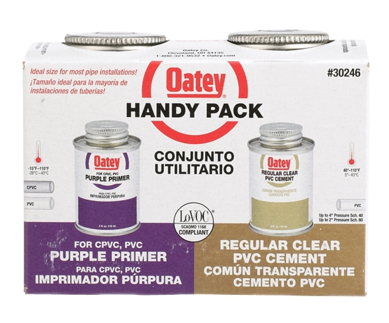Oatey 30246 4 oz. PVC Regular Clear Cement and 4 oz. NSF Purple Primer Handy Pack