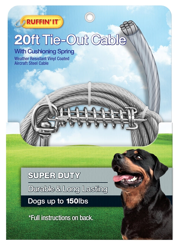RUFFIN'IT 29620 Cable Tie-Out, Super-Duty, Swivel Snap End, 20 ft L Belt/Cable, Steel, Clear 7N29620