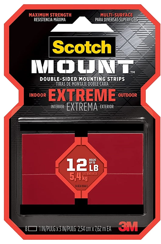 Scotch Extreme Mounting Strips, Double-Sided Heavy Duty Tape, 8 Strips, 1 in x 3 in, Use Instead of Nails or Screws, Works on Painted surfaces, Metals, Acrylic, Hard Plastics and More (414H-ST)