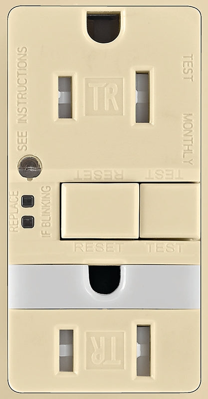EATON TRSGFNL15V-K Arrow Hart Tamper Resistant Gfci Receptacle With Nightlight, 125 Vac, 15 A, 2 Pole, 3 Wire, Ivory