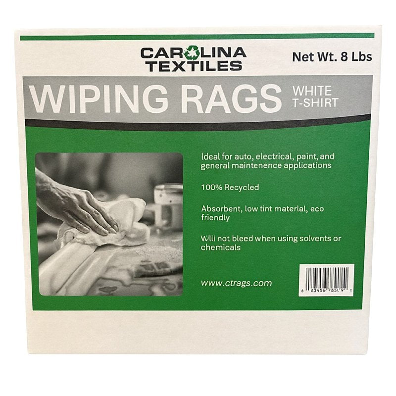 8 Lb Box Recycled White Knit Rags - White T-Shirt Material Wiping Cloths, No Logos, Non-Bleed, Economical Rags for Auto, Paint, Electrical and General Maintenance
