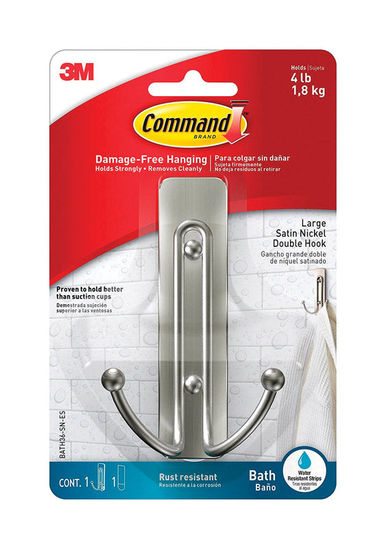 3M Command Large Double Bath Hook, Satin Nickel, 2-Hooks, 2-Large Water-Resistant Strips BATH36-SN-ES (2-Pack)