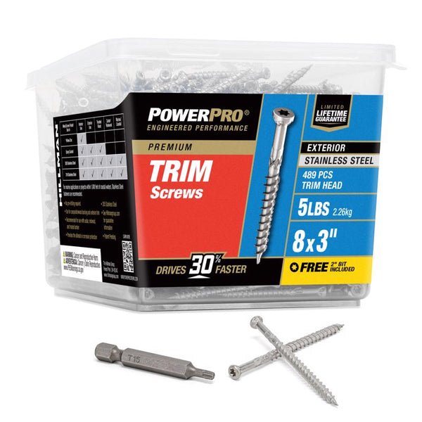 Power Pro 48646 Trim Screws, #8 x 3, Premium Outdoor Trim Screws, Rust Resistant, Stainless Steel, 5LB Plastic 48646V4