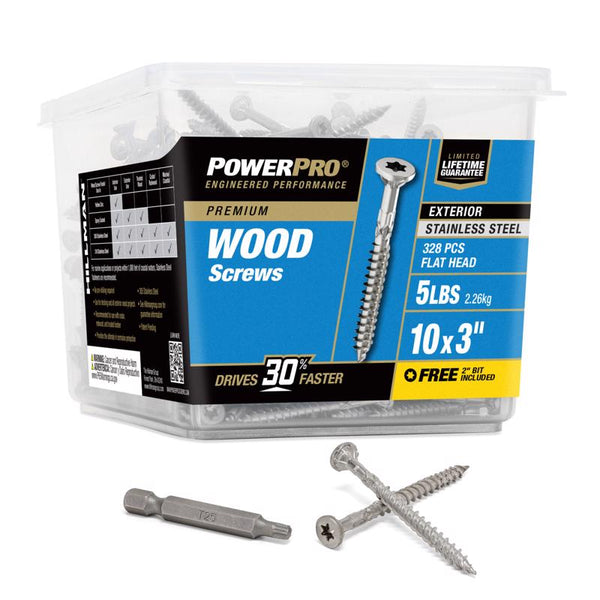Power Pro 48628 Wood Screws, #10 x 3, Premium Stainless Marine Screws, Rust Resistant, Stainless Steel, 5lb Tub, 330 pcs 48628V4