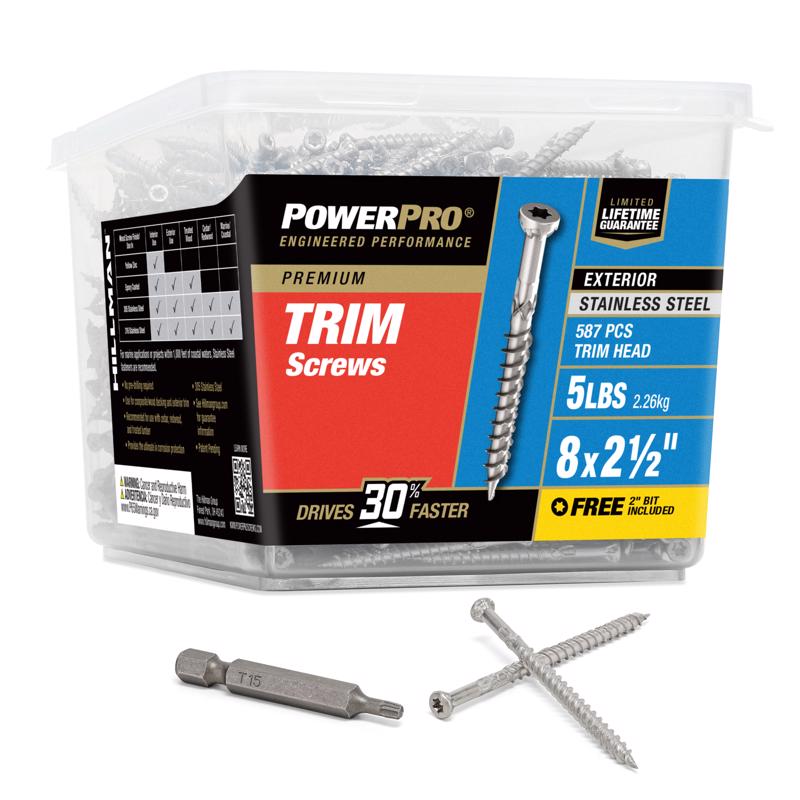 Power Pro 48645 Trim Screws, #8 x 2-1/2'', Premium Outdoor Trim Screws, Rust Resistant, Stainless Steel, 5lb Tub, 625 pcs