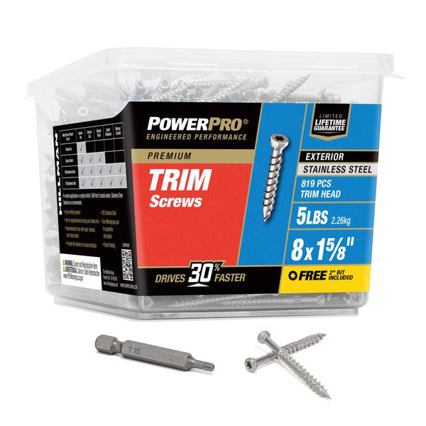 Power Pro 48643 Trim Screws, #8 x 1-5/8'', Premium Outdoor Trim Screws, Rust Resistant, Stainless Steel, 5lb Tub, 1000 pcs 48643V4
