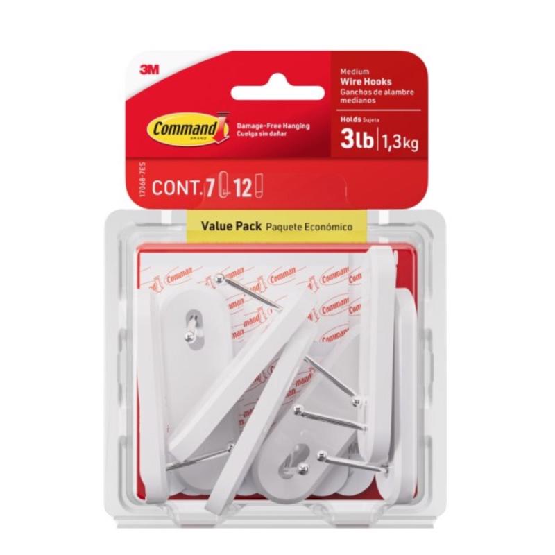 Command Medium Wire Hooks, Damage Free Hanging Wall Hooks with Adhesive Strips, No Tools Wall Hooks for Hanging Decorations in Living Spaces, 7 White Hooks and 12 Command Strips