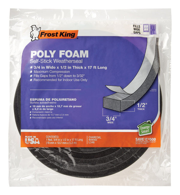 Frost King L346 Self-Adhesive Open Cell Tape, 17 Ft L X 3/4 in W 1/2 in T, Polyfoam, Charcoal