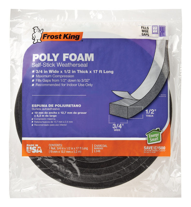 Frost King L346 Self-Adhesive Open Cell Tape, 17 Ft L X 3/4 in W 1/2 in T, Polyfoam, Charcoal