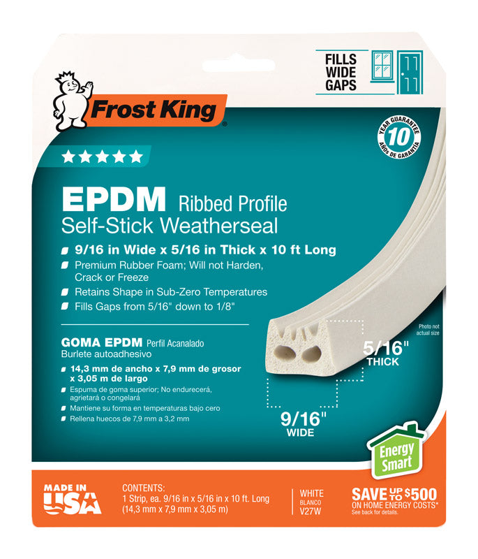 Frost King EPDM Rubber Self-Stick Weatherseal Tape, D-Section, 9/16" W, 5/16" T, 10 ft L, White