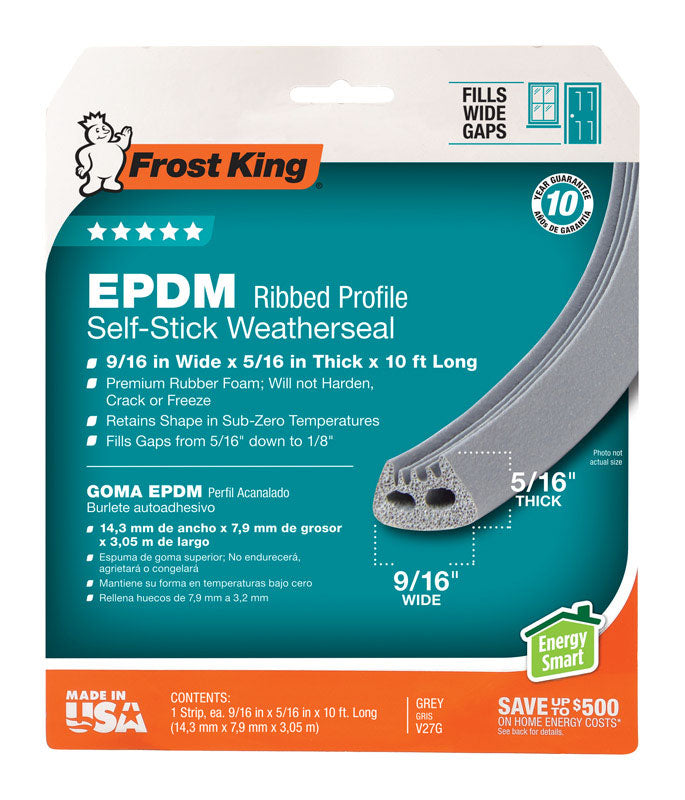 Frost King V27GA D-Section Rubber Self-Stick Weatherseal Tape, 9/16" W, 5/16" T, 10 ft L, Grey