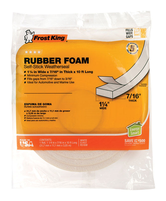 Frost King R516WH Rubber Foam Tape, 1-1/4in Wide x 7/16in Thick x 10ft Long, White