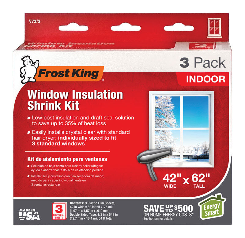 Frost King V73/3H Shrink Window Kit, Indoor, 42 x 62 in, 3-Pack, Clear, 3 Count