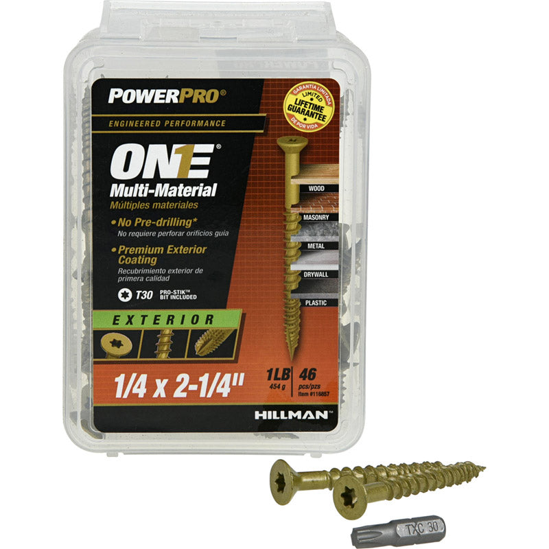 Power Pro Premium One Multi-Material Flat Head Screws, Epoxy Coated Steel, Fasten in Wood, Metal, Concrete, Drywall and Plastic, Bronze, ¼ x 2-¼ inches, Box of 46 Screws