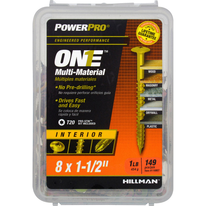 Hillman POWERPRO ONE No. 8 x 1-1/2 in. L Star Wafer Head Yellow Zinc Steel Multi-Material Screw