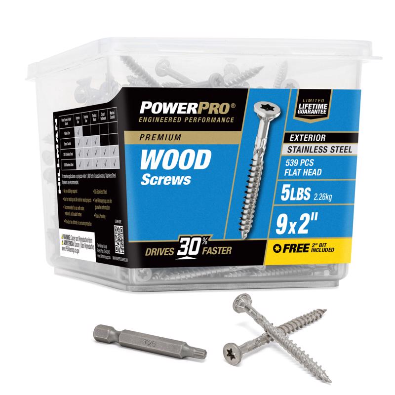 Power Pro 48626 Wood Screws, #9 x 2, Premium Stainless Marine Screws, Rust Resistant, Stainless Steel, 5lb Tub, 630 pcs