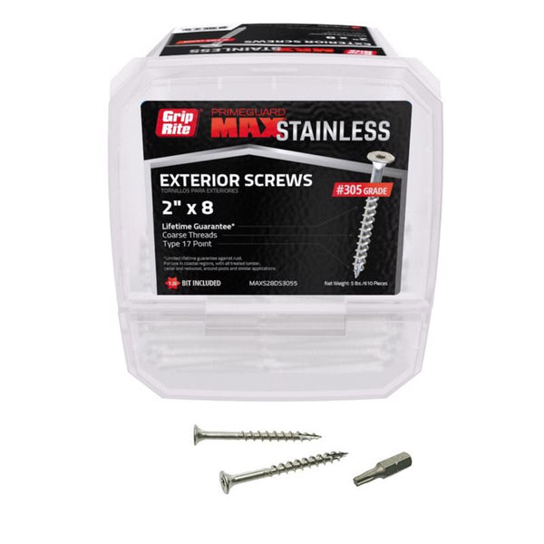 Grip-Rite PrimeGuard Max Deck Screws for Outdoor Projects - Bugle Head - Coarse Thread Wood Screws - T20 Star Drive - 305 Stainless Steel - #8 x 2-5 Lb Box - MAXS28DS3055