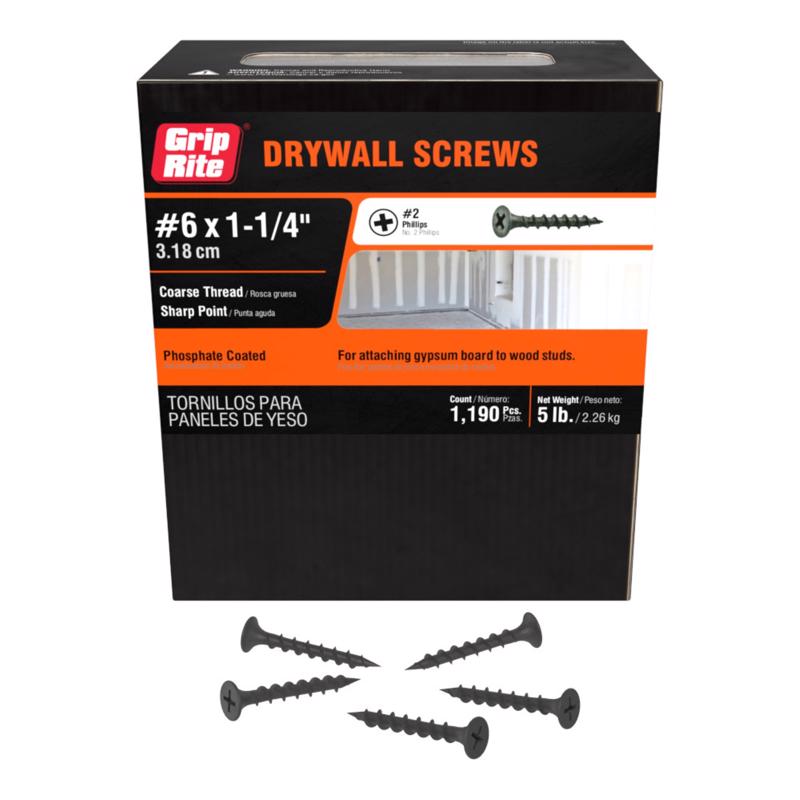 Grip-Rite No. 6 x 1-1/4 in. L Phillips Drywall Screws 5 lb. 1290 pk - Total Qty: 6