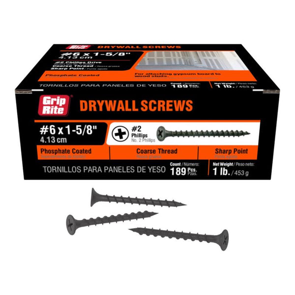 Grip Rite 158CDWS1 1-5/8-Inch 6 Coarse Thread Drywall Screw with Bugle Head, 1 Pound, Black, 189 Count