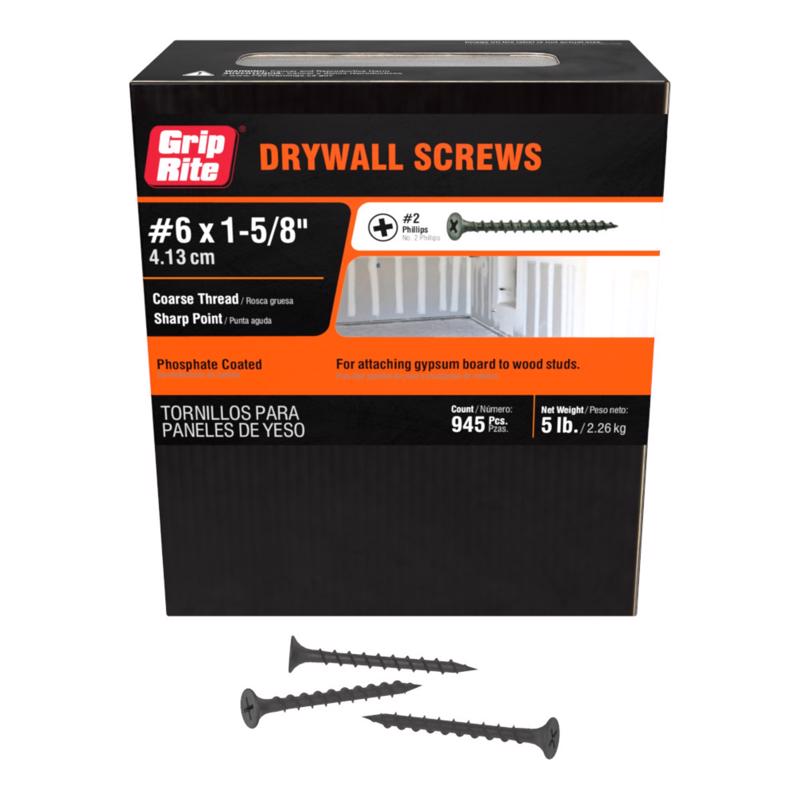 Grip-Rite 158CDWS5 #6 X 1-5/8" Phillips Bugle Head Coarse Thread Sharp Point Drywall Screw, 5lb Box