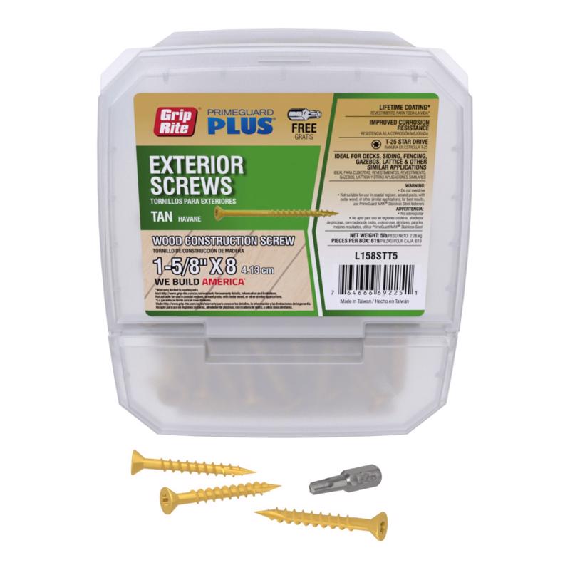 Grip-Rite L158STT5 PrimeGuard Plus #8 x 1-5/8" Wood to Wood Deck Screw, Tan, 5lb Box