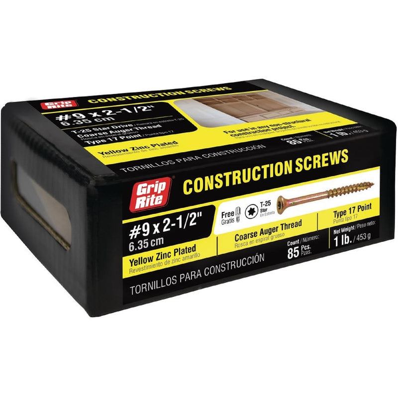 Grip-Rite 114GCS1#9 x 2-1/2", T25 Star Drive Gold Construction Wood Screw, 1lb Box