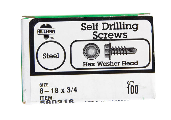 Hillman 8-18 in. x 3/4 in. L Hex Hex Washer Head Zinc-Plated Steel Self- Drilling Screws 100 pk 560316