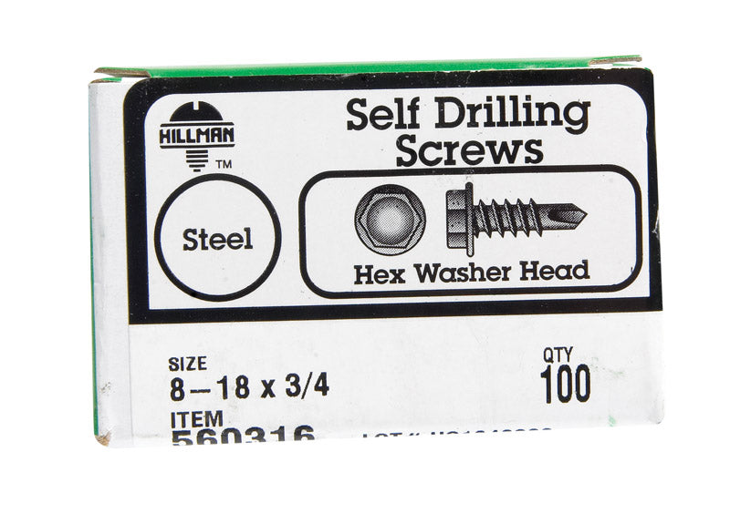 Hillman 8-18 in. x 3/4 in. L Hex Hex Washer Head Zinc-Plated Steel Self- Drilling Screws 100 pk
