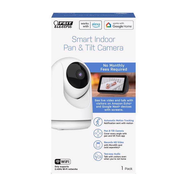 Feit Electric Indoor Security Camera with Motion Detection, 30ft. Night Vision, Pan and Tilt Head, 2.4GHz WiFi, 2-Way Audio, 1080p HD, Works with Alexa & Google Asst, Plug-in, White, CAM/PAN/WiFi/G2