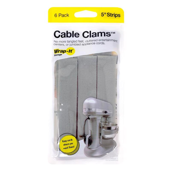 Wrap-It Storage Cable Clams Hook & Loop Cord Holders, Gray, 5 In. - 406-CC-5LX-GR
