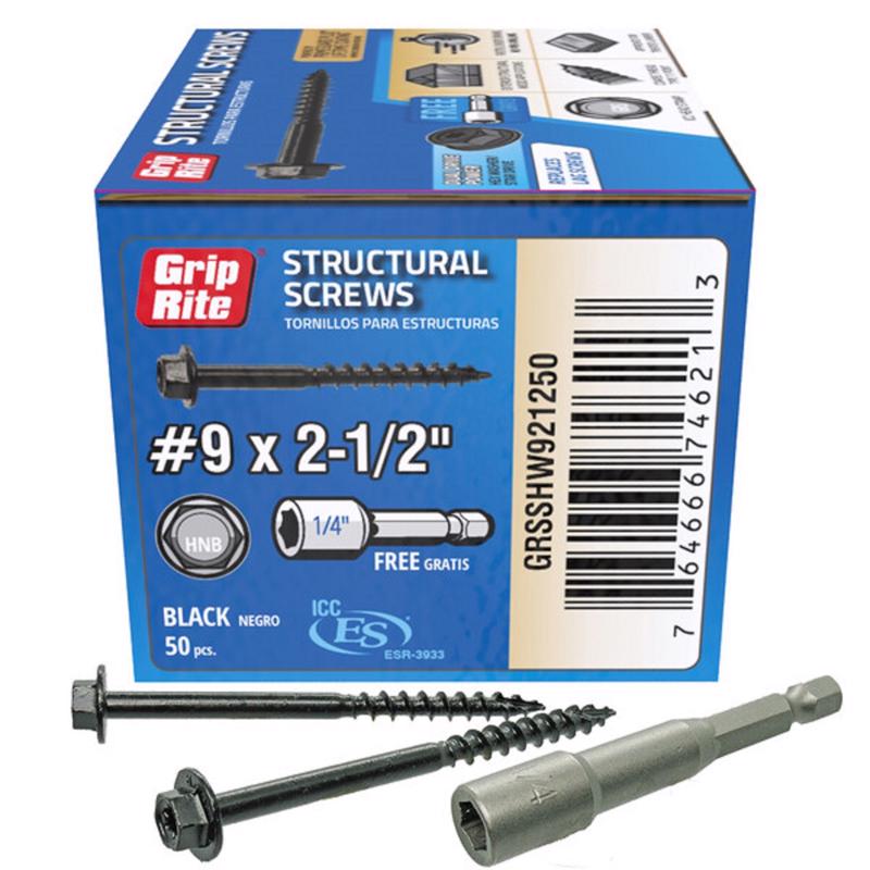 Grip-Rite GRSSHW921250#9 x 2-1/2'' Structural Screw Dual Drive Power Hex Washer Star Drive Head 50CT