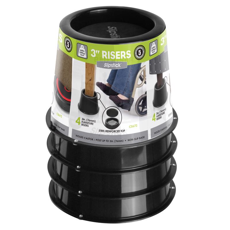 Slipstick CB672 Premium 3 Inch Bed Risers/Furniture Raisers with Steel Reinforced Caster Wheel Holder Top, Lifts Height 3" (4 Pack) Supports 2,640 Pounds, Black, Stackable with CB671